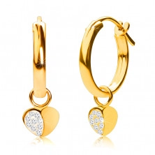 Златни обеци от 14К злато, кръгове с висулка сърце, френско закопчаване, 12 мм 