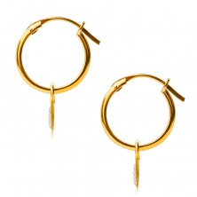 Златни обеци от 14К злато, кръгове с висулка сърце, френско закопчаване, 12 мм 