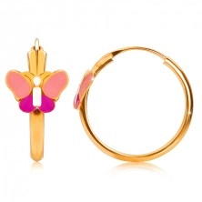 Златни кръгли обеци от 14K злато, розова пеперуда, лъскава повърхност, 15 мм