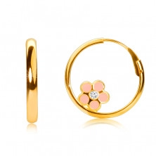 Златни кръгли обеци от 14K злато, розово цвете, лъскава повърхност, 15 мм 
