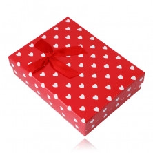 Подаръчна кутия за верижка или комплект - бели сърца, червен фон 