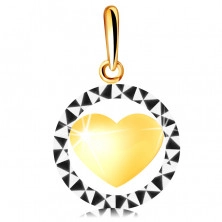 Висулка от комбинирано злато проба 375 – очертание на кръг с триъгълни изрези, изпъкнало сърце