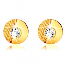 9K златни обеци - кръг с резки, гладък полукръг, инкрустиран с кръгъл цирконий, на винт