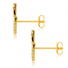 9К златни обеци – мотив на тройна буква V, гладка линия, контури, украсени с прозрачен цирконий