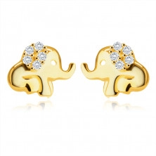 Обеци от 9К жълто злато - седящ слон с хобот, ухо, украсено с кръгъл цирконий