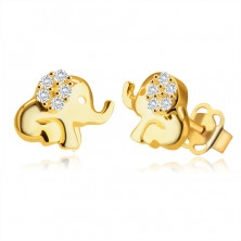 Обеци от 9К жълто злато - седящ слон с хобот, ухо, украсено с кръгъл цирконий