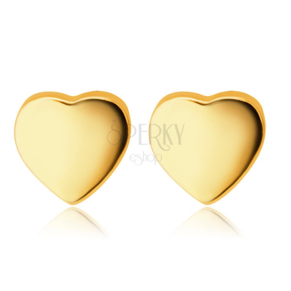 Обеци от жълто 9K злато - гладки сърца с огледален гланц, на винт
