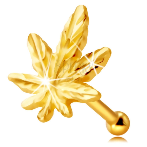 Пиърсинг за нос от жълто 9-каратово злато – контур на листо от канабис, малки ж