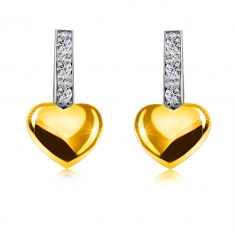 Диамантени обеци, направени от 14К комбинирано злато - линия от диамант, гладко сърце, винтове, родиево покритие 