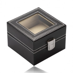 Квадратна кутия за бижута и часовници - черна изкуствена кожа, лъскава метална катарама