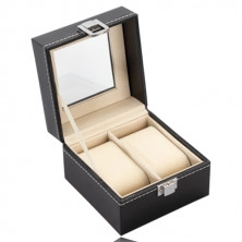 Квадратна кутия за бижута и часовници - черна изкуствена кожа, лъскава метална катарама