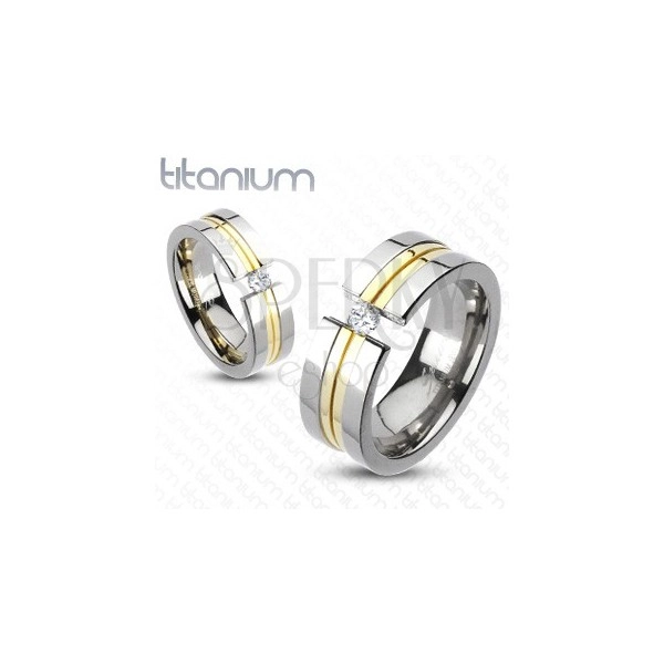 Титаниев пръстен- две златни ивици, цирконий