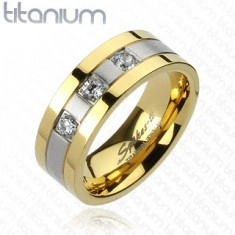 Титанов пръстен - златен и сребрист цвят, три циркония