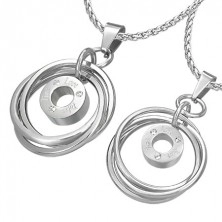 Двойка медальони от стомана -  преплетени пръстени в сребрист цвят, цирконии