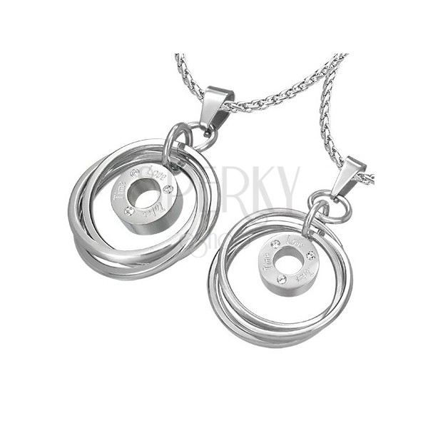 Двойка медальони от стомана -  преплетени пръстени в сребрист цвят, цирконии