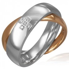 Стоманен кръстосан пръстен – кръст от цирконии, сребрист и златист