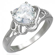 Бляскав стоманен пръстен за жени, голямо прозрачно циркониево сърце