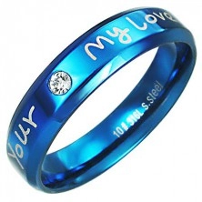 Стоманен пръстен- син цвят, любовен надпис