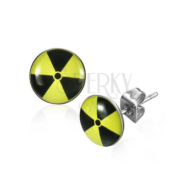 Кръгли стоманени обеци - ядрен символ в жълто и черно