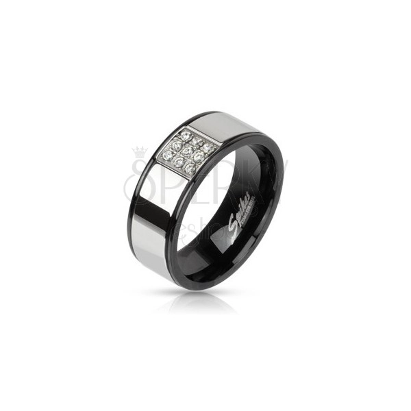 Стоманен пръстен в сребрист цвят с черни ръбове, циркониев квадрат