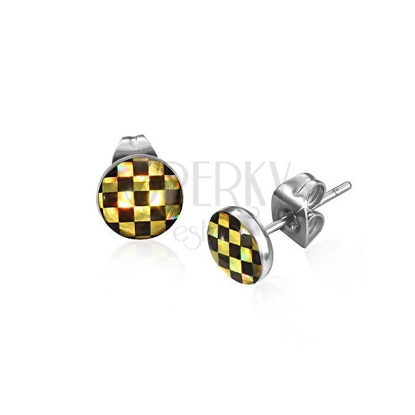 Стоманени обеци на винт - шахматна дъска в черно и жълто