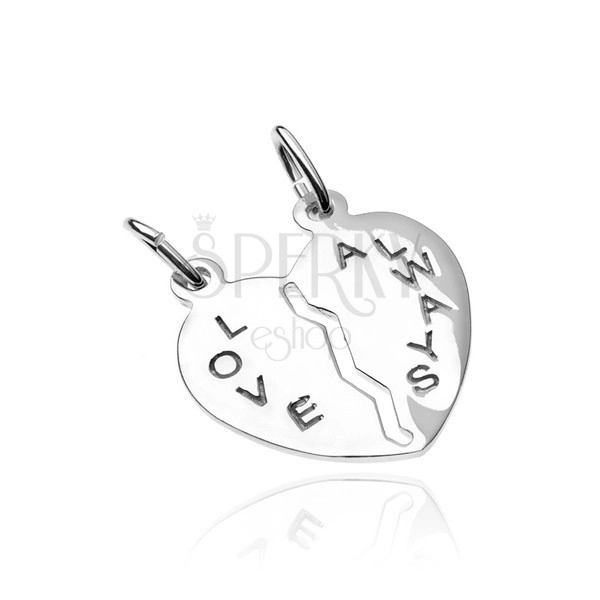 Висулки за двойки от сребро 925 - разполовено сърце с надпис Love Always