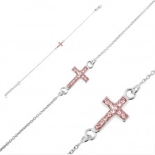 Сребърна гривна проба 925 - кръст с розови цирконии