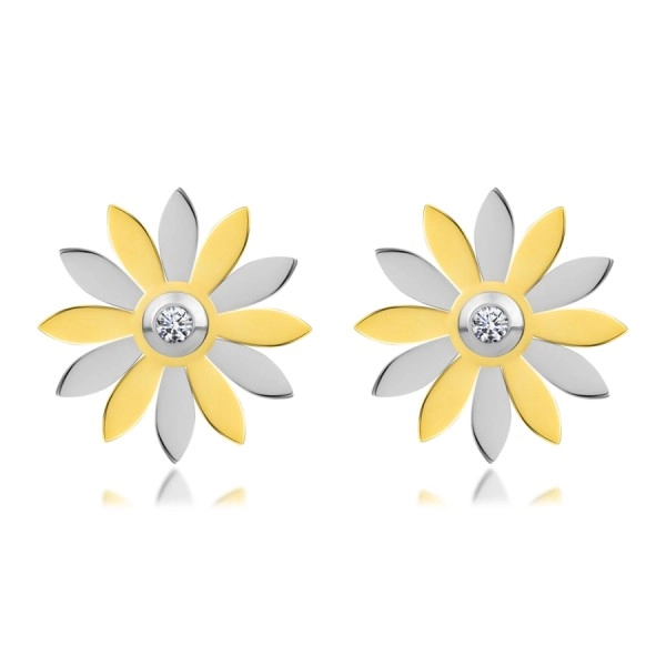 Стоманени обеци- цветя с венчелистчета в златен и сребърен цвят и цирконий