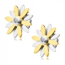 Стоманени обеци- цветя с венчелистчета в златен и сребърен цвят и цирконий