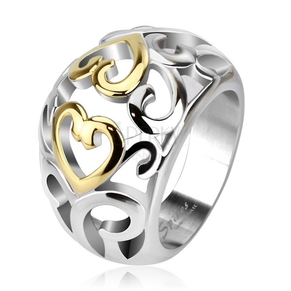 Стоманен пръстен с изрязан орнамент, златист и сребрист цвят