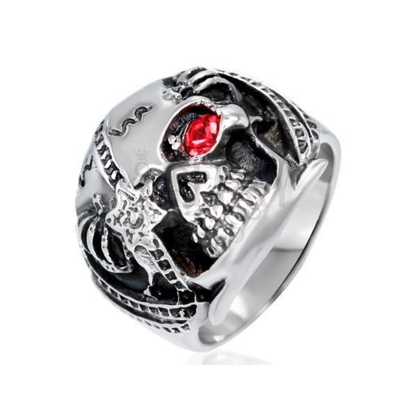 Масивен пръстен, направен от стомана- череп на войн с червен цирконий, патина