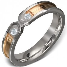 Стоманен пръстен-златна ивица със сребърни граници, два прозрачни циркония