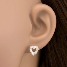 Сребърни обеци-сърца с вградени цирконии, с профил