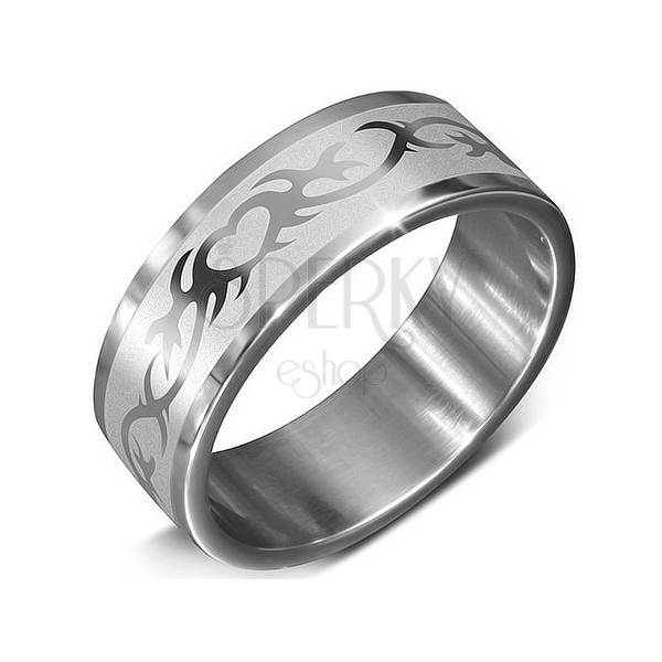 Стоманен пръстен в сребърен цвят с щампа на сърце в орнаменти 